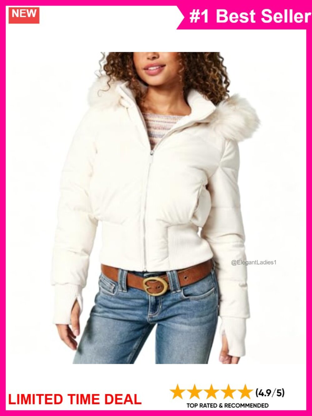 Faux Fur Hooded Puffer Jacket Quilted Cropped Winter Coat